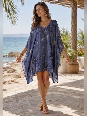 Rhea Boho Embroidered Kaftan Dress cover-up - Navy Blue One Size NWT